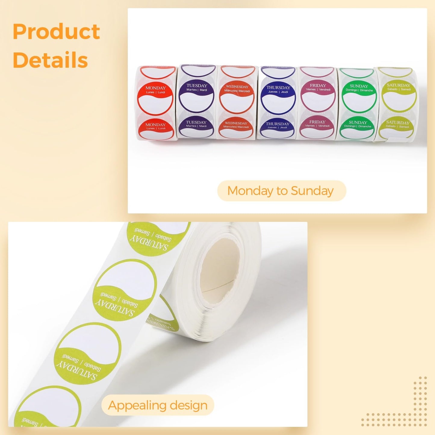 3500 PCS Week Label with Days of Week, Removable Label Dispensers Suit for 1 Inch Writable Stickers, Appealing Day Label Stickers for Storage Organizers Food Containers