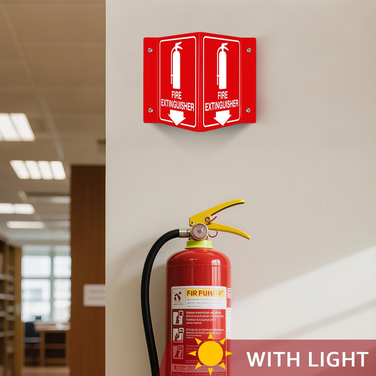 T&R Fire Extinguisher Sign, Fire Extinguisher with Down Arrow - 4 Pack - 8 x 6 Inches Glow-In-The-Dark Acrylic, 4 pre-drilled holes, Includes Matching Screws, Use for Home Office/Business V - 4 Pack - Glow In The Dark