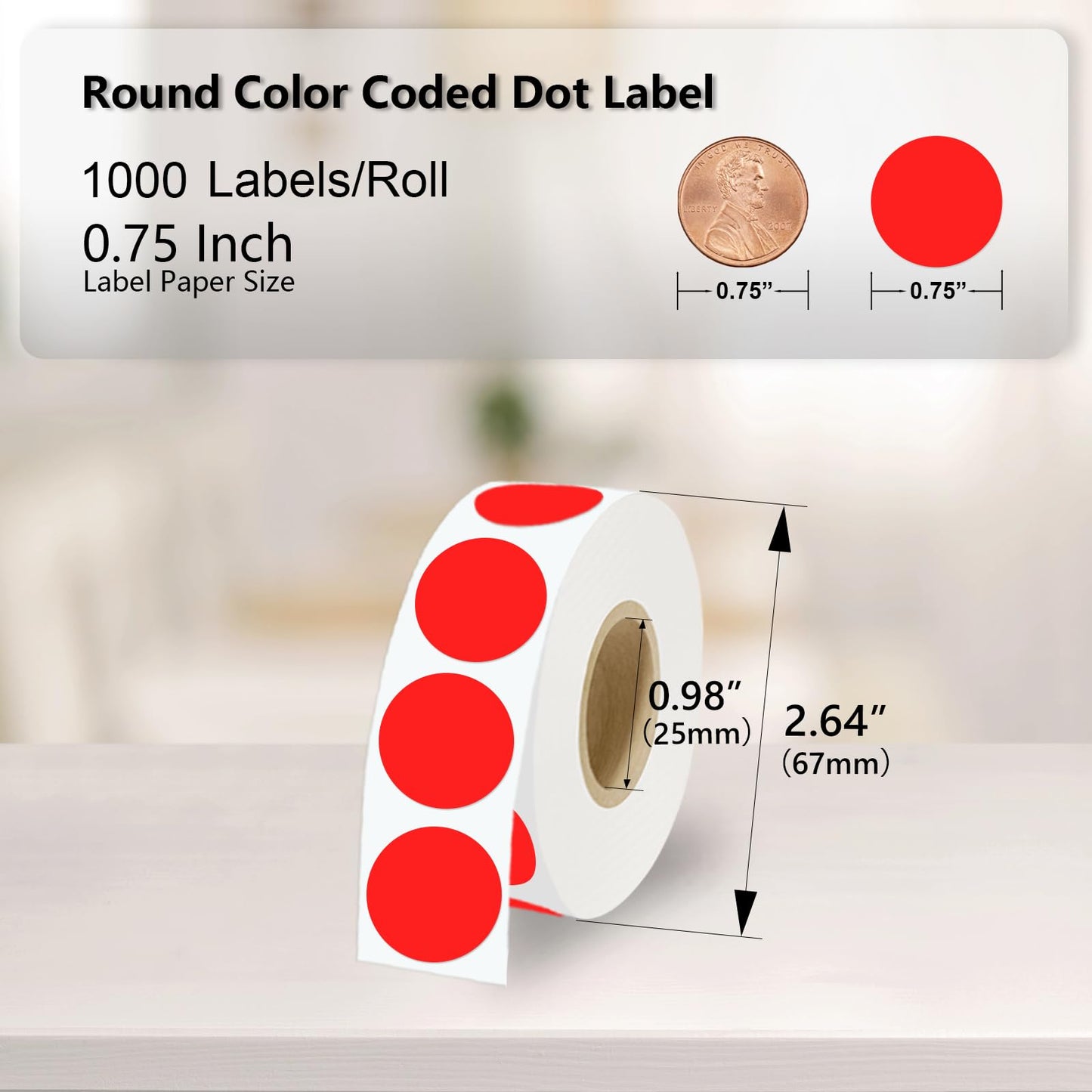 3/4 inch Round Thermal Labels 0.75 inch Colored Circle Dots Stickers Roll for Thermal Print, Self-Adhesive Red Color Coding Labels for Office, Student Classroom, 1000pcs