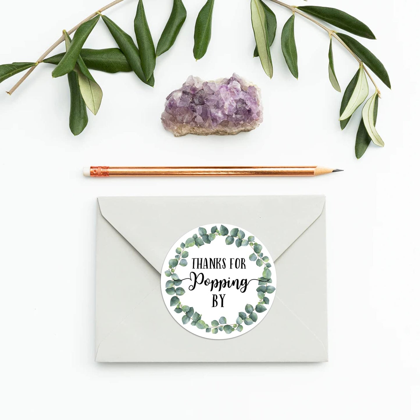 Thanks for Popping by Stickers, Greenery Baby Shower Favor Stickers, Bridal Shower, Wedding Stickers, 2 Inch, 50-Pack