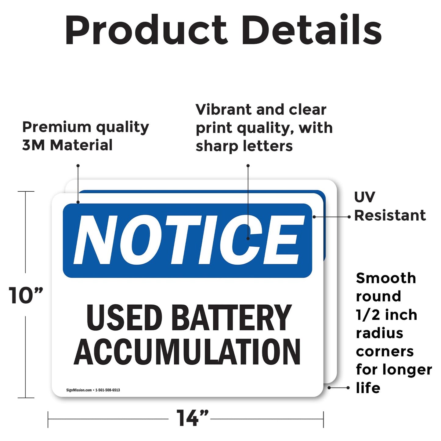 (2 Pack) Used Battery Accumulation OSHA Notice Sign 14 Inch X 10 Inch Vinyl Label Decal Sticker Weather Resistant, UV Protected for Workplace, Business, and Construction Site, Made in the USA