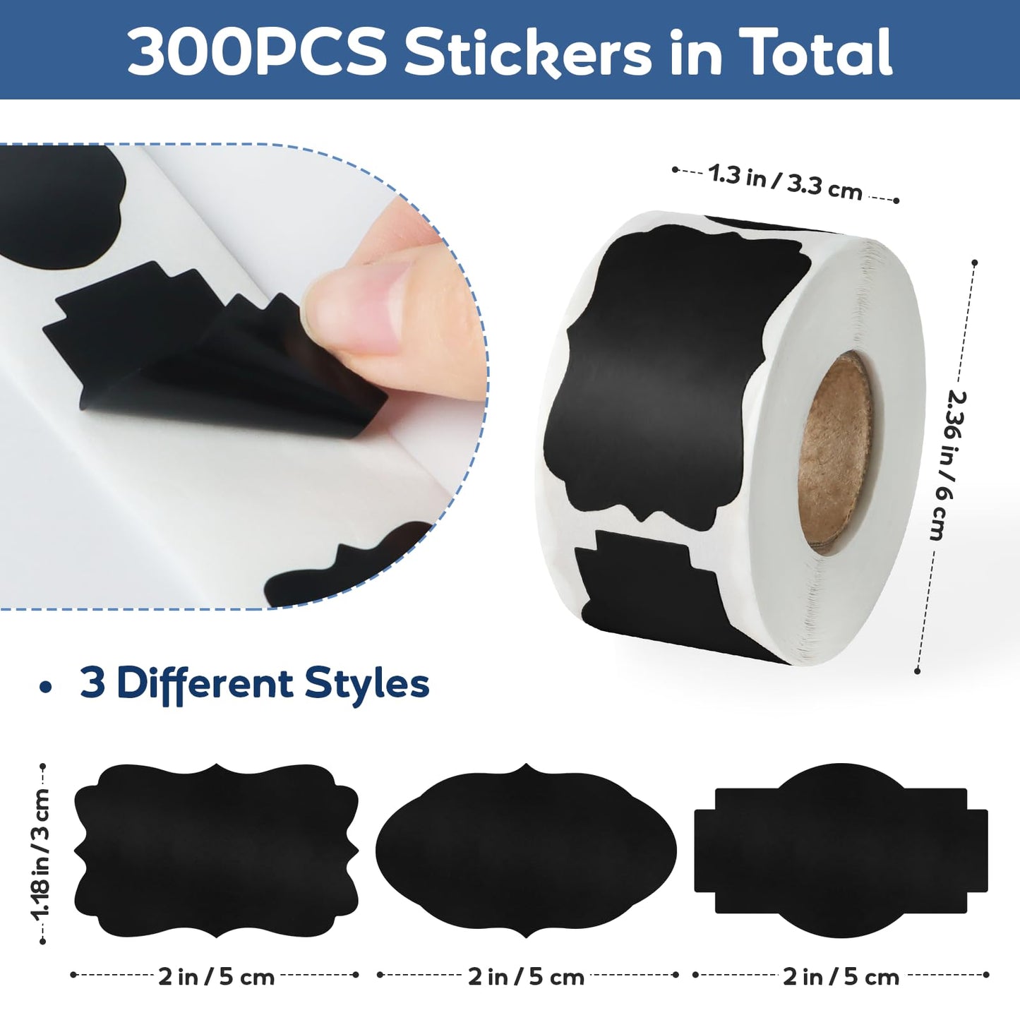 300PCS Chalkboard Labels 2x1.2 Inch - Reusable Writable Stickers for Mason Jars, Bottles, Pantry & Gift Wrapping (Blackboard Style, Self-Adhesive, 3 Designs) Black