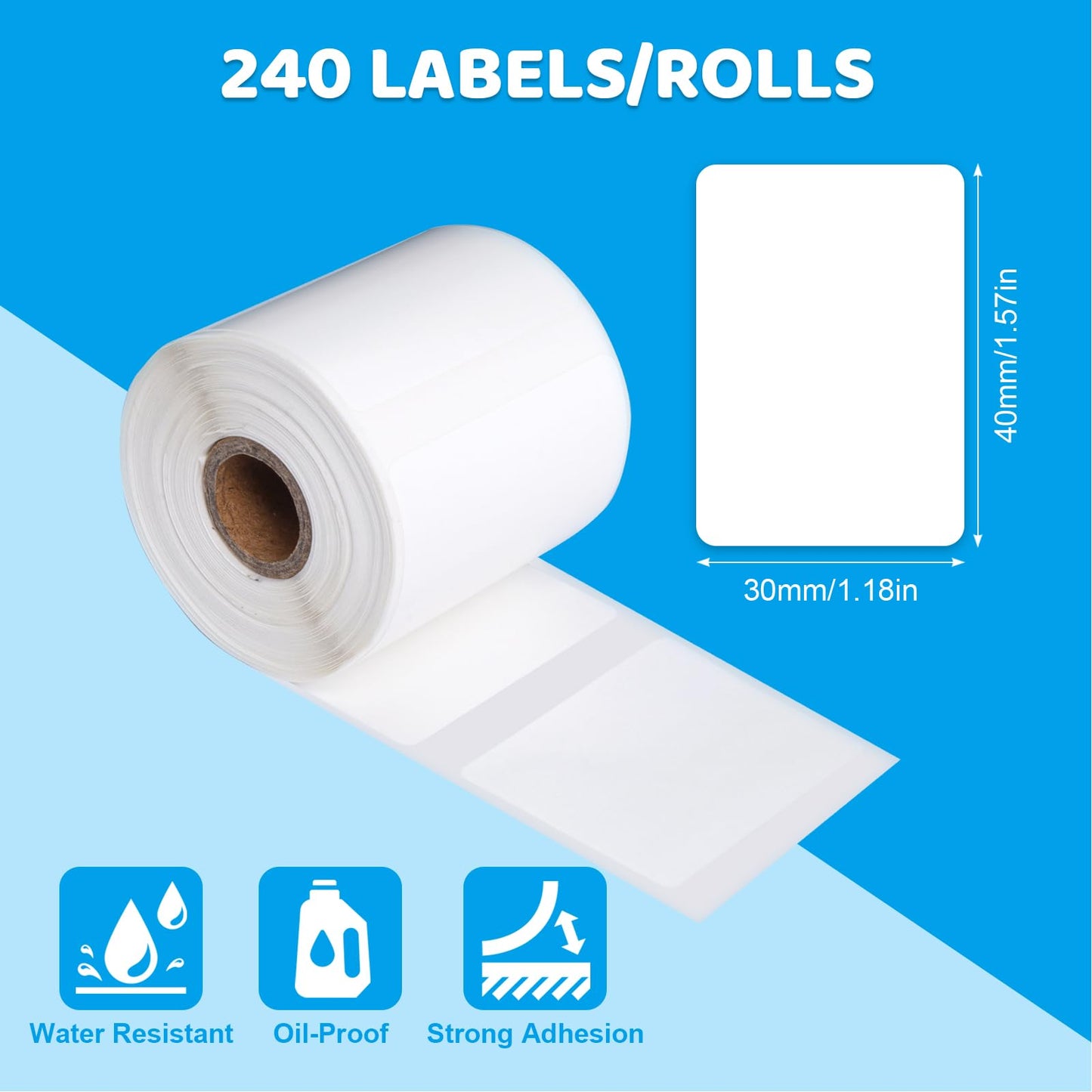 3 Rolls Label Tape Thermal Label Tape Label Print Stickers 1.57''x1.18''(40x30mm) Waterproof Labels Self-Adhesive Label Tape for Label Printers 240 Label Per Roll (White, 1.57""x1.18"") 1.57"x1.18" White