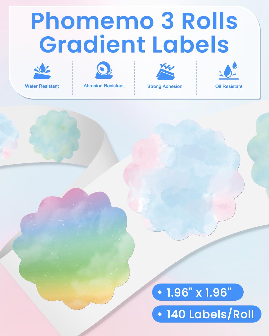 Phomemo Thermal Labels- 3 Rolls Gradient Color M110 Labels for M110/M220/M221/M120/M200,1.96"x1.96"(50x50mm) 140 Labels, for Small Business/Home Use, Barcode Labels, Address Labels, Logo Labels