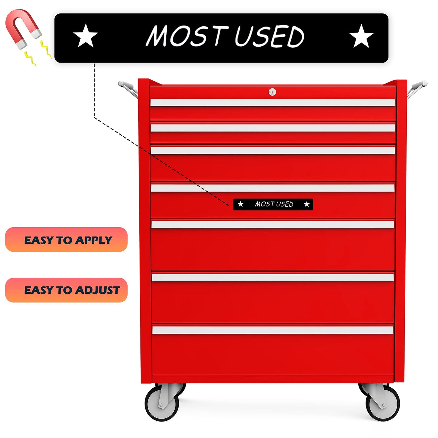 Tenare Toolbox Organization Magnetic Labels - 66 Pcs Steel Tool Chest Drawer Labels (4.5x0.75) |Magnets, Quick & Easy Organizer | Fits All Brands, Cabinets & Tool Boxes(Black) Black