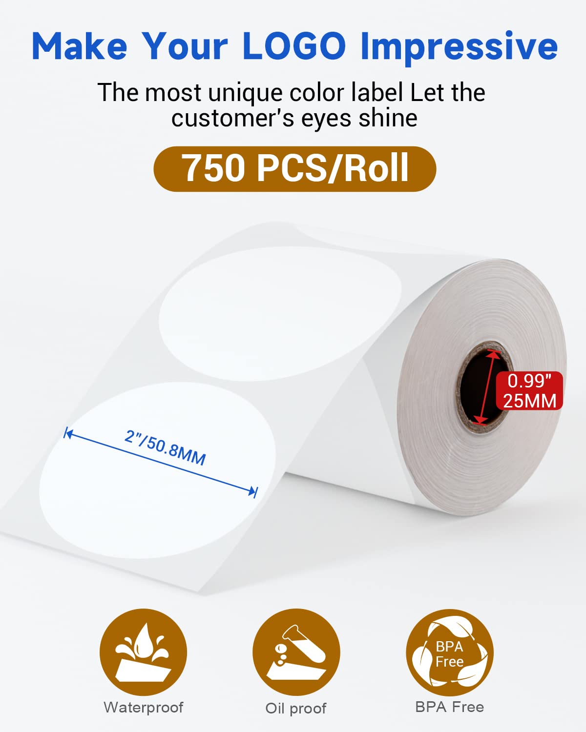 Phomemo 2" Blue on White Round Label Stickers Roll for Thermal Printer for Small Business Supplies - Commercial Grade Thermal Labels for Custom Stickers Personalized & Business Logo - 750pcs / Roll 2"x2"