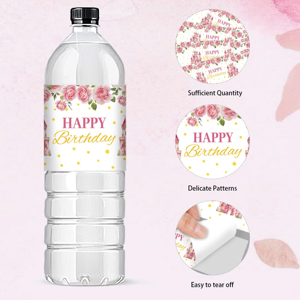 PH PandaHall 30pcs Happy Birthday Water Bottle Labels, Adhesive Bottle Labels Stickers Castle Flowers Waterproof Water Bottle Wraps Party Favor Decorations for Birthday Party, 8.5x2.5 inch