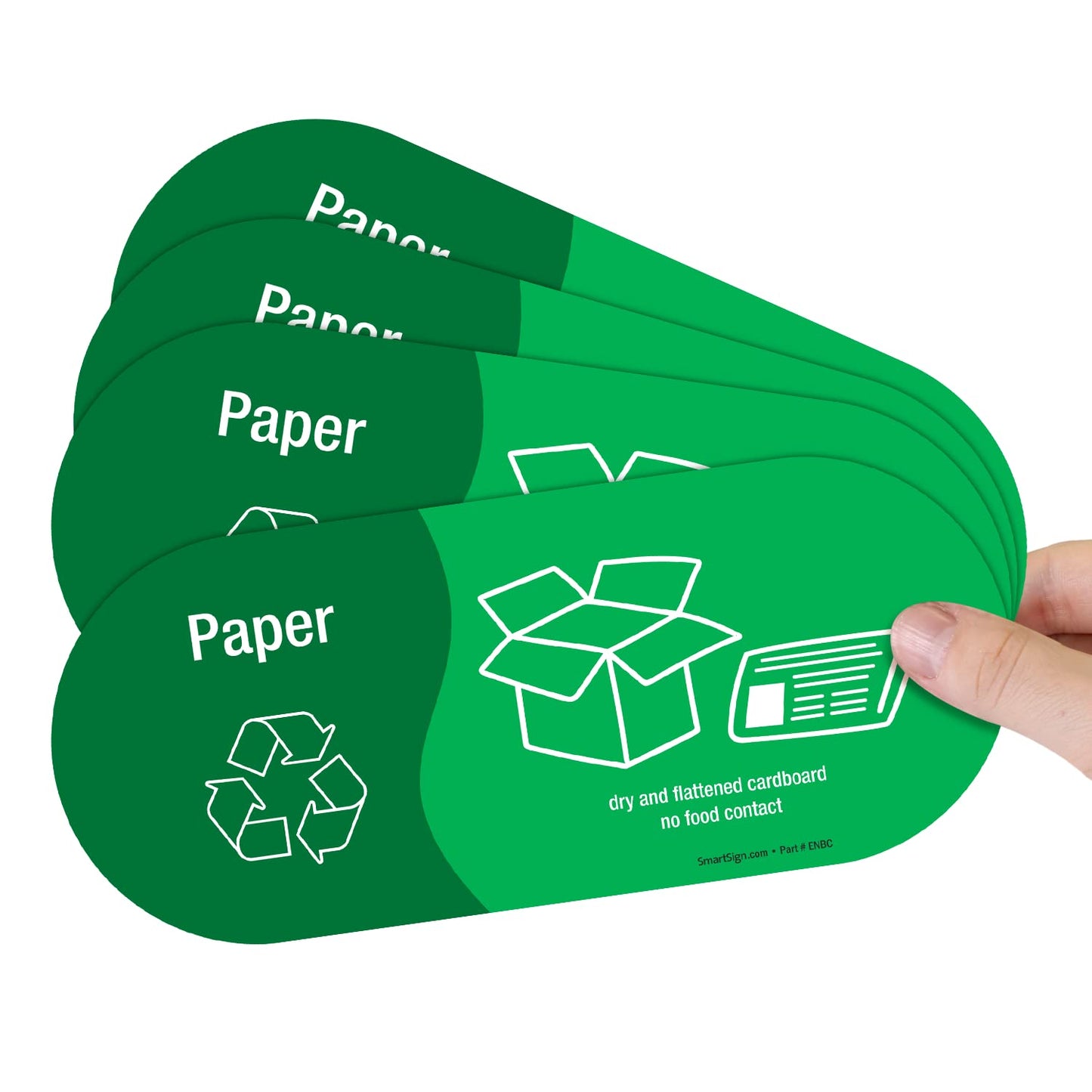 SmartSign (Pack of 4) 3.75 x 9 inch “Paper - Dry and Flattened, No Food Contact” Recycling Sticker Labels with Symbols, 5 mil Laminated Polyester with SuperStick Adhesive, Green and White 3.75" X 9"_paper