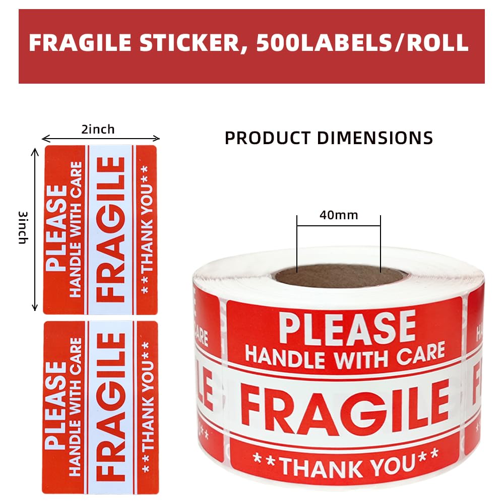 2" x 3" Fragile Stickers for Shipping, Handle with Care Fragile Stickers, Strong Permanent Adhesive Labels for Moving, Red Warning Packing Shipping Label Stickers (500 Labels/1 Roll) 1 Roll, 500Labels
