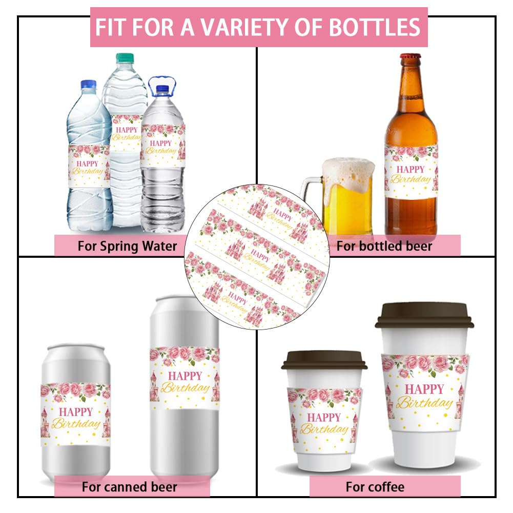 PH PandaHall 30pcs Happy Birthday Water Bottle Labels, Adhesive Bottle Labels Stickers Castle Flowers Waterproof Water Bottle Wraps Party Favor Decorations for Birthday Party, 8.5x2.5 inch