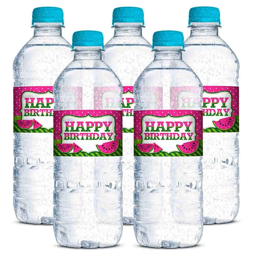 Sweet Celebration Pink Watermelon Birthday Waterproof Water Bottle Sticker Wrappers, 20 1.75" x 8.5" Wrap Around Labels by AmandaCreation