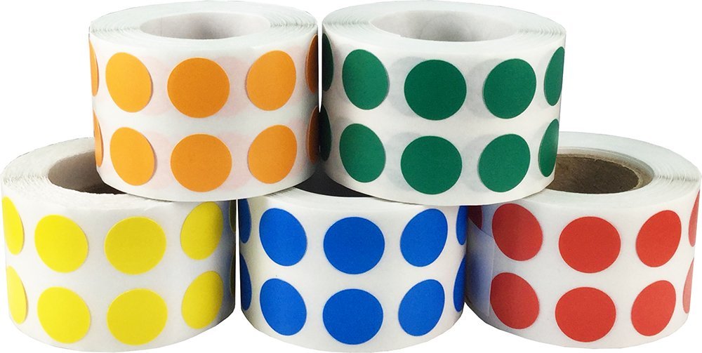 5 Different Color Coding Dot Stickers 12.7 mm 0.5 Inch Round 1000 Each Color 5000 Total Count