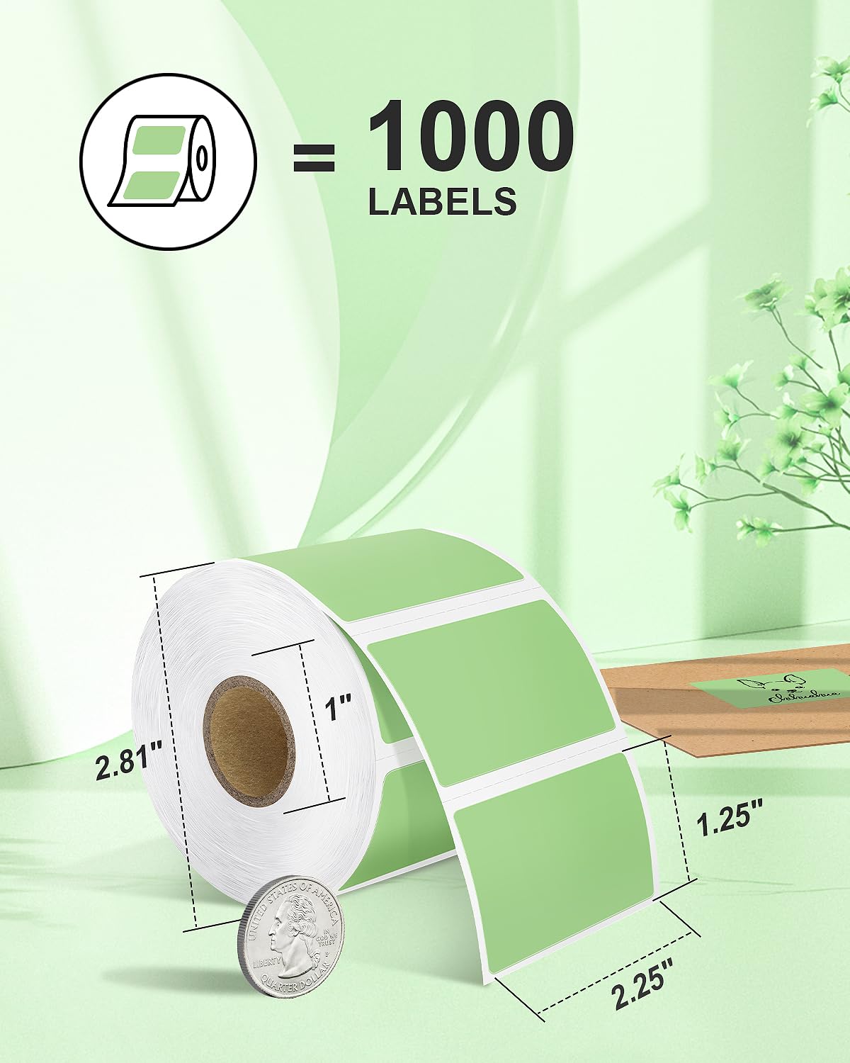 Nelko Genuine 2.25 x 1.25 Direct Thermal Labels, Green Thermal Printer Labels for Thank You Stickers, Self-Adhesive Address Shipping Thermal Label Stickers, 1 Roll,1000 Labels