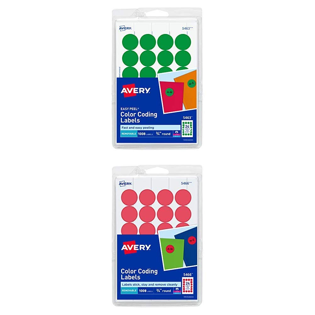 Avery Print/Write Self-Adhesive Removable Labels, 0.75 Inch Diameter, Green, 1008 per Pack (5463) + Red, 1008 per Pack (5466)