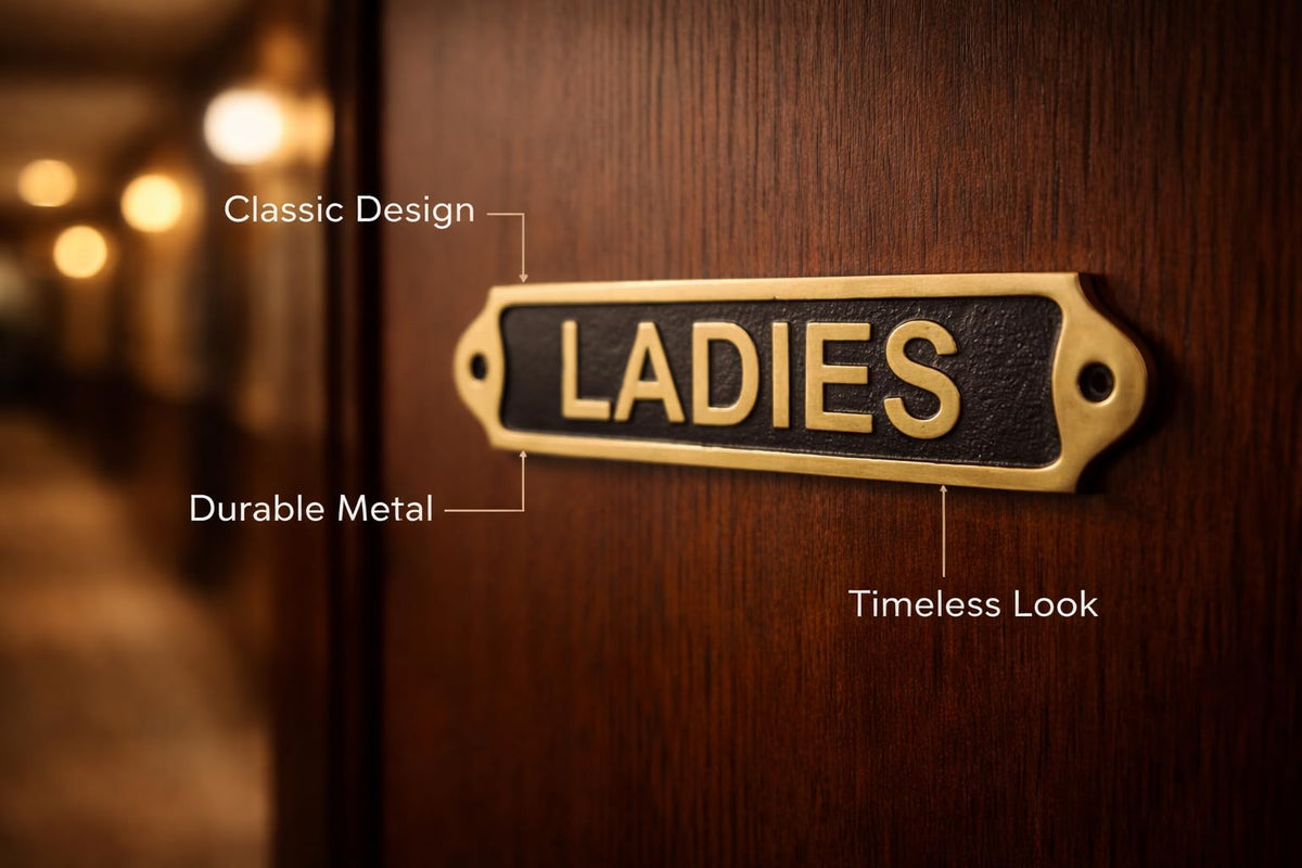 LADIES Brass with Black Door Plaque Sign | Metal Toilet Washroom Door Sign with Engraved Lettering | Wall & Door Name Plate with Mounting Screws for Home Office Shop | 22 x 5 cm | LADIES
