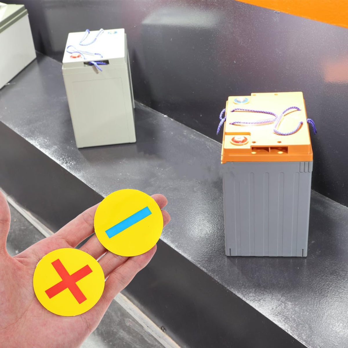 Waterproof Battery Polarity Stickers Self Adhesive 1.96 Inch Round Labels for Positive Negative Terminal Identification Tear Resistant Electrical Decals