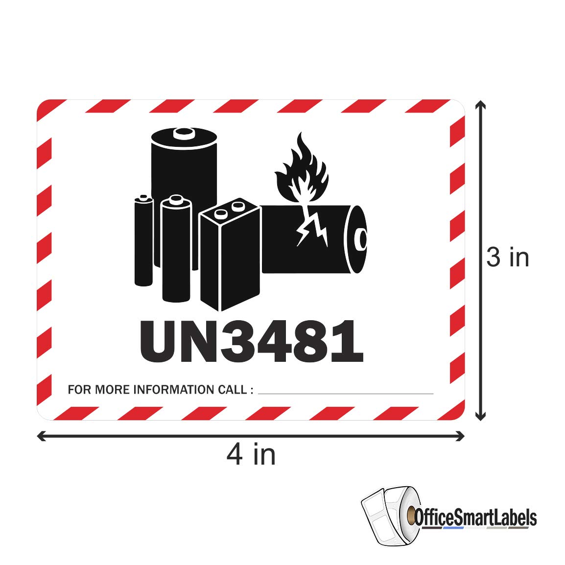 UN3481 Label - 4 x 3 Inch Lithium Ion Battery Warning Stickers - Writable Transport Handling Instruction Caution Warning Lithium Battery Shipping Label - Adhesive, 300 Labels/Roll Un3481 Battery Warning 1 Roll