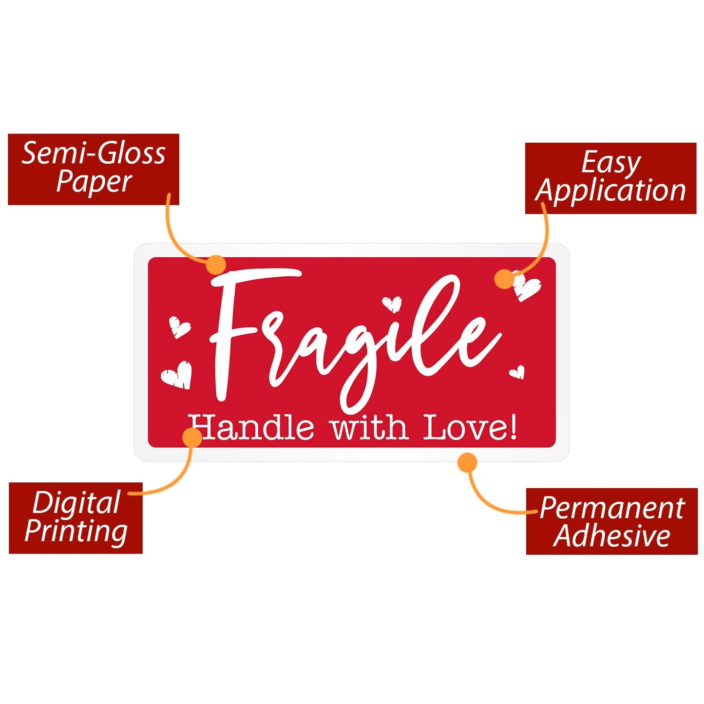 SmartSign Handle with Love Fragile Stickers - 2 x 4 inch, 100 / Roll, Funny Fragile Shipping Label, Semi-Gloss Paper, Permanent Adhesive, White on Red, Made in USA