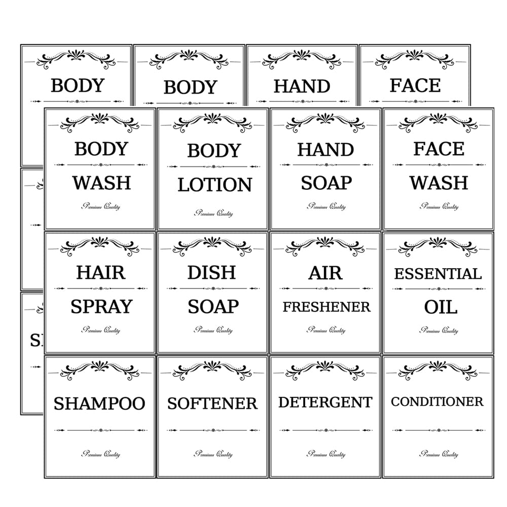 Printed Bathroom Labels Set 24PCS Waterproof Refillable Bottles Stickers for Dish Soap Body Wash Conditioner Shampoo Display White-Style B