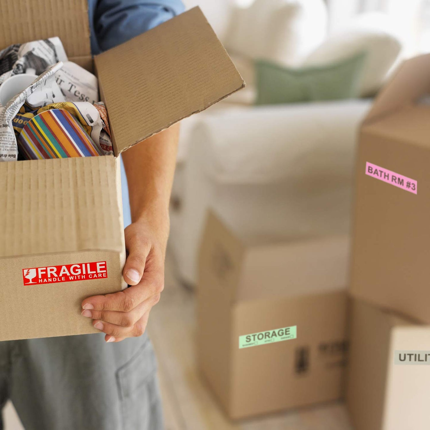 960 Count Home Moving Color Coding Labels - 14 Different Living Spaces Packing Boxes Moving Stickers + 1 Roll Fragile Stickers + 1 Roll Blank Label for Customization - 16 Rolls Total, 60 Labels/Roll