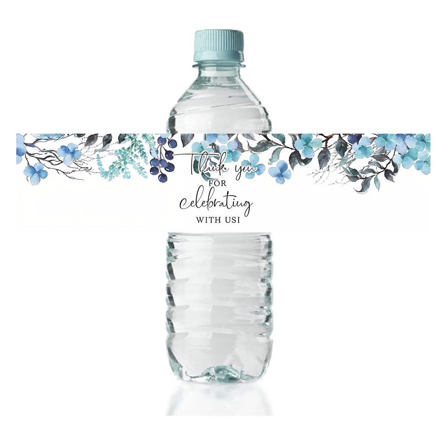 50Pcs Blue Flower Wedding Water Bottle Labels Glossy Waterproof Wrappers Wraparound Label Thank You Stickers for Bridal Shower Birthday