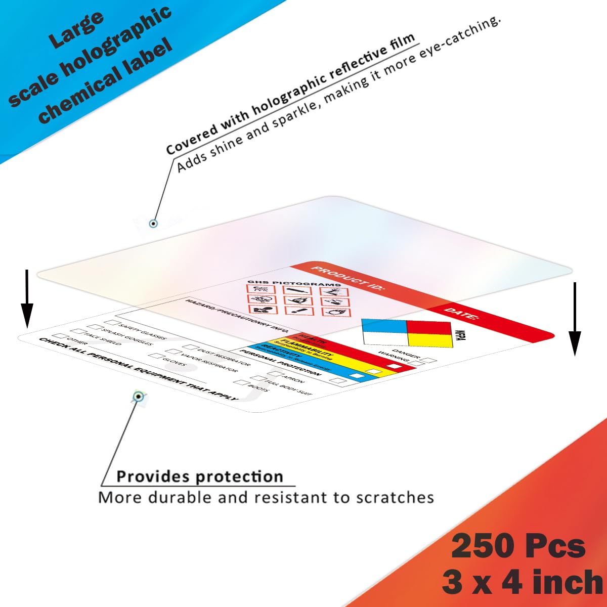 250pcs Holographic HMIS OSHA Hazardous Chemical Safety Data Stickers 4 x 3 Inches SDS Chemical Safety Identifying Label MSDS Stickers with GHS Pictograms Decals for HMIS & Hazard Compliant Secondary