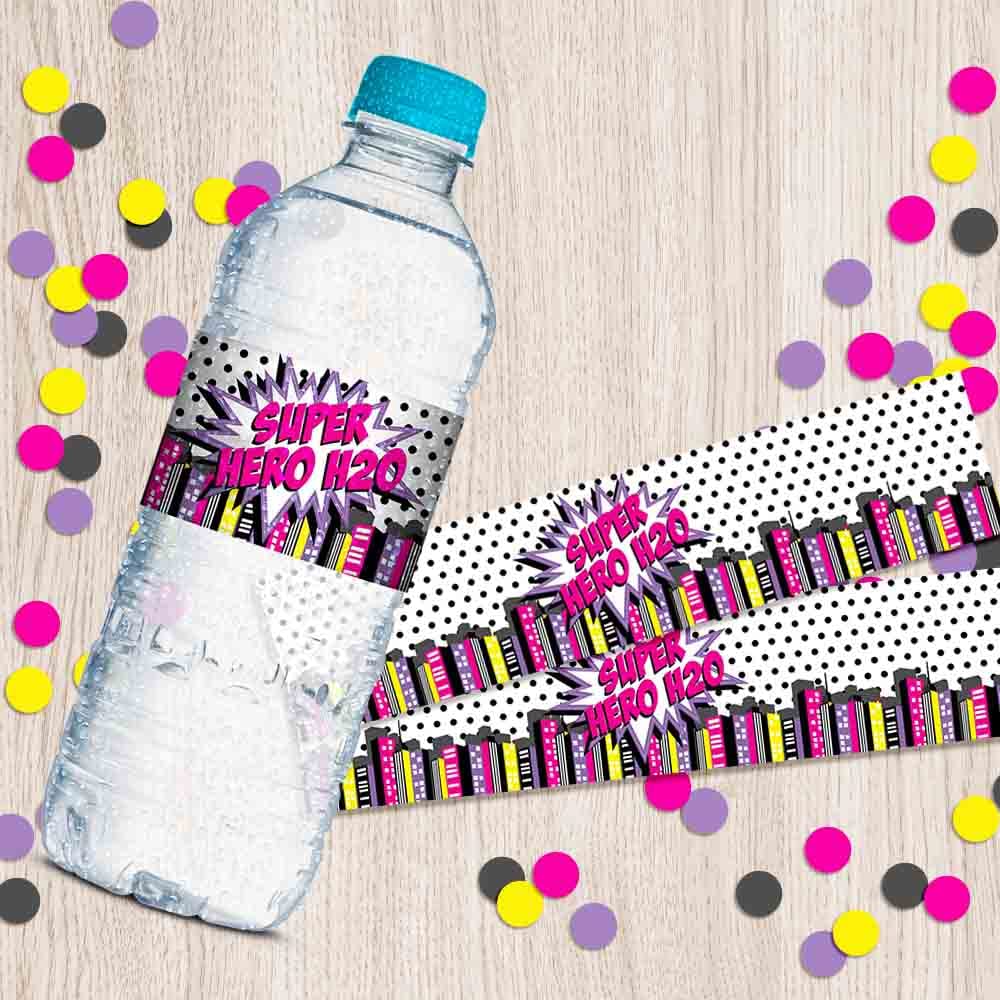 Super Hero Girl Birthday Themed Waterproof Water Bottle Sticker Wrappers 20 Wrap Around Labels Sized 1.75" x 8.5" by AmandaCreation