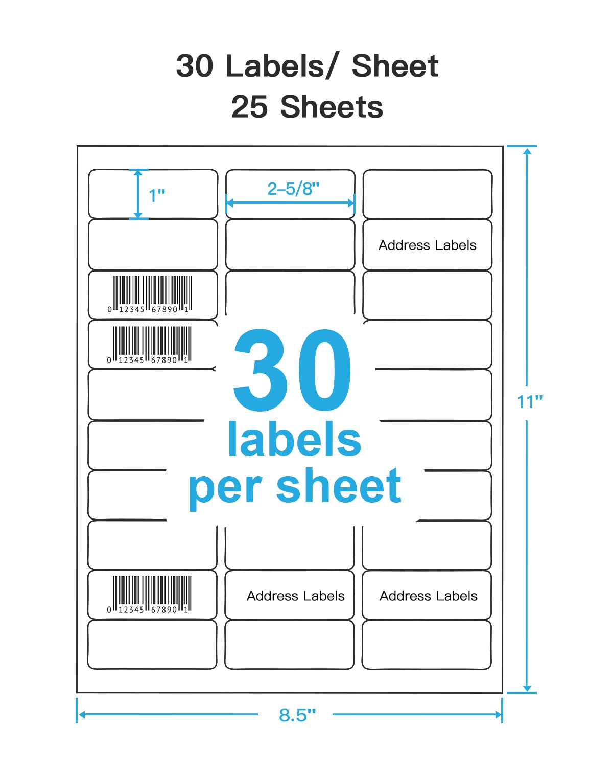 Shipping Address Labels, 1" x 2-5/8" Address Labels for Laser & Inkjet Printers, Mailing Labels for 5160, 5260, 8160, Strong Adhesive for FBA Label, Easy to Peel (25 Sheets, 750 Labels) 1x 2-5/8_25P