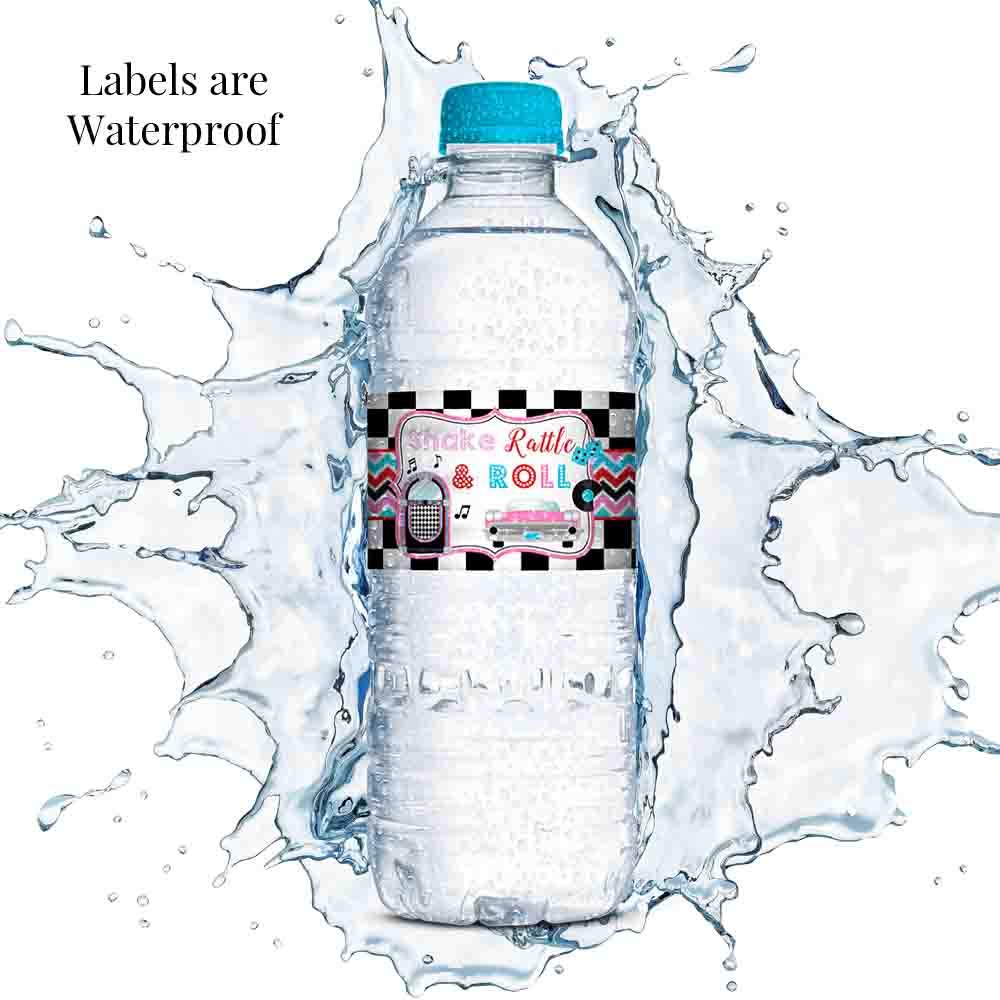 50’s Sock Hop Birthday Waterproof Water Bottle Sticker Wrappers, 20 1.75" x 8.5" Wrap Around Labels by AmandaCreation