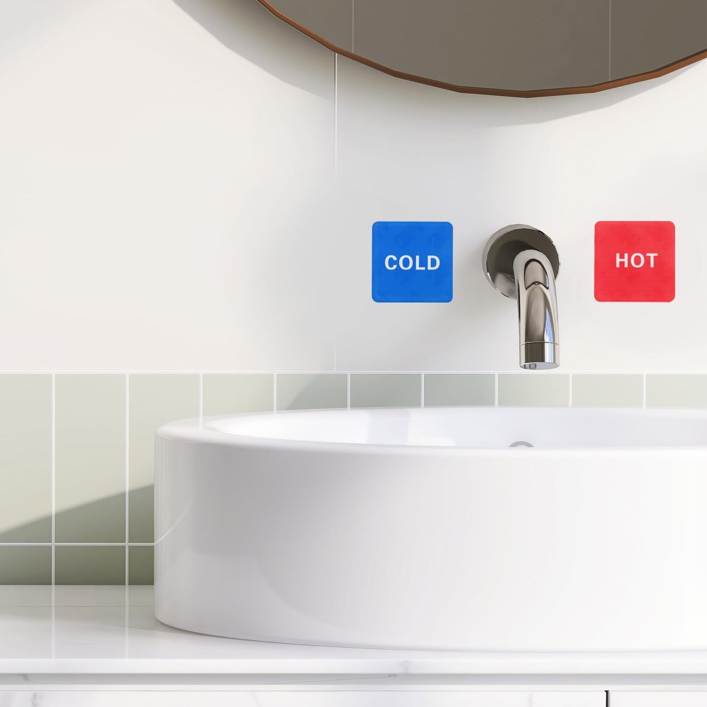 YOKIVE 20 Pcs Hot Cold Water Sticker Label, Sticker Sign Acrylic Great for Faucets Sinks Kitchen (White Red Blue, Square, 1" x 1" x 0.08")