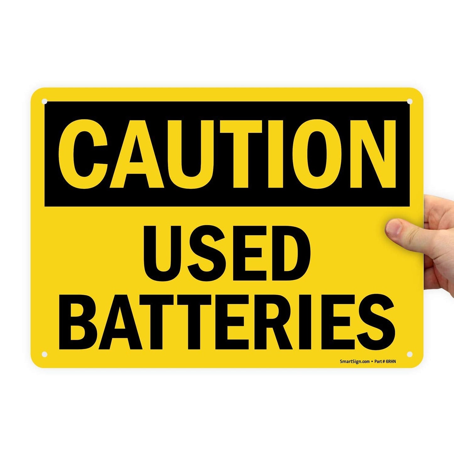 SmartSign "Caution - Used Batteries" Sign | 10" x 14" Aluminum Black on Yellow