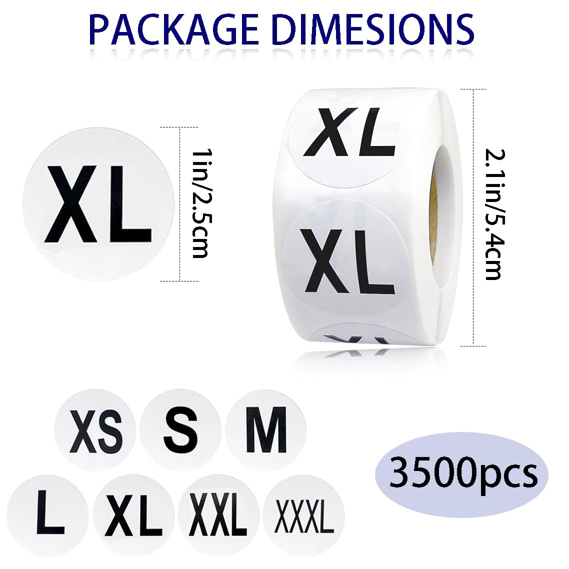 3500 Pcs Clothing Size Stickers, 1 Inch Round Self Adhesive, 7 Sizes XS-S-XXXL for T Shirts (Black) Black