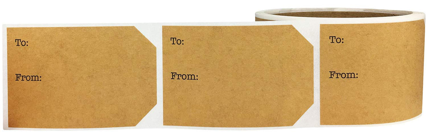 Natural Kraft Rustic Christmas Gift Tags – Writable to and from Present Stickers – 2 x 3 Inch, 100 Adhesive Labels – Eco-Friendly, Made in The USA