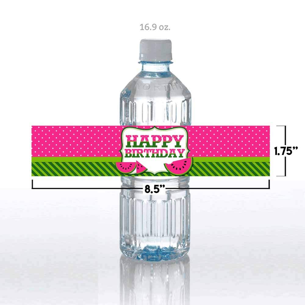 Sweet Celebration Pink Watermelon Birthday Waterproof Water Bottle Sticker Wrappers, 20 1.75" x 8.5" Wrap Around Labels by AmandaCreation
