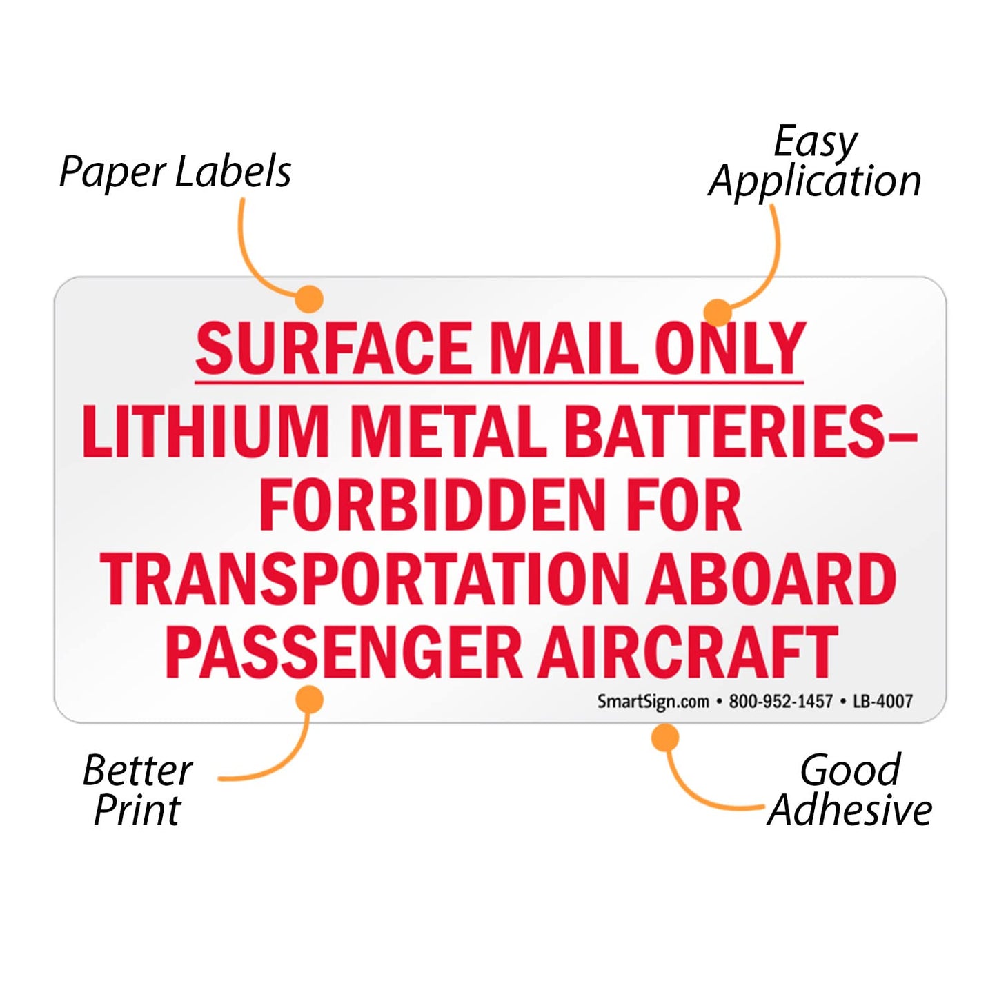 SmartSign Pack of 250 "Lithium Metal Batteries Forbidden from Aircraft" Labels in a Roll, Surface Mail Only Labels, 4 x 6 inch, Semi-Gloss Paper, Made in USA