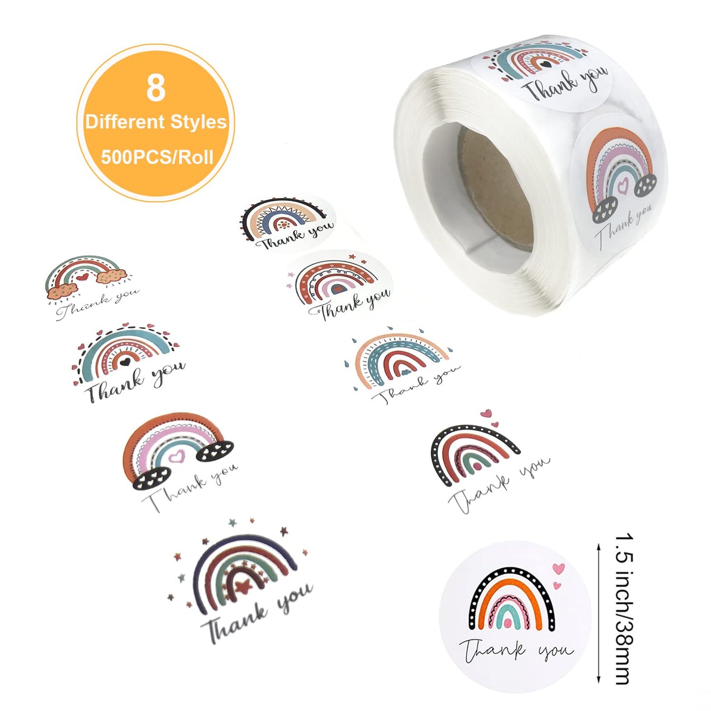 500 Pieces Rainbow Thank You Label Stickers 1.5 Inch Round Thanks Sticker Boho Adhesive Business Label Thank You Envelope Seals Stickers Decorative Sticky Label for Card Box Packing Bag, 8 Styles