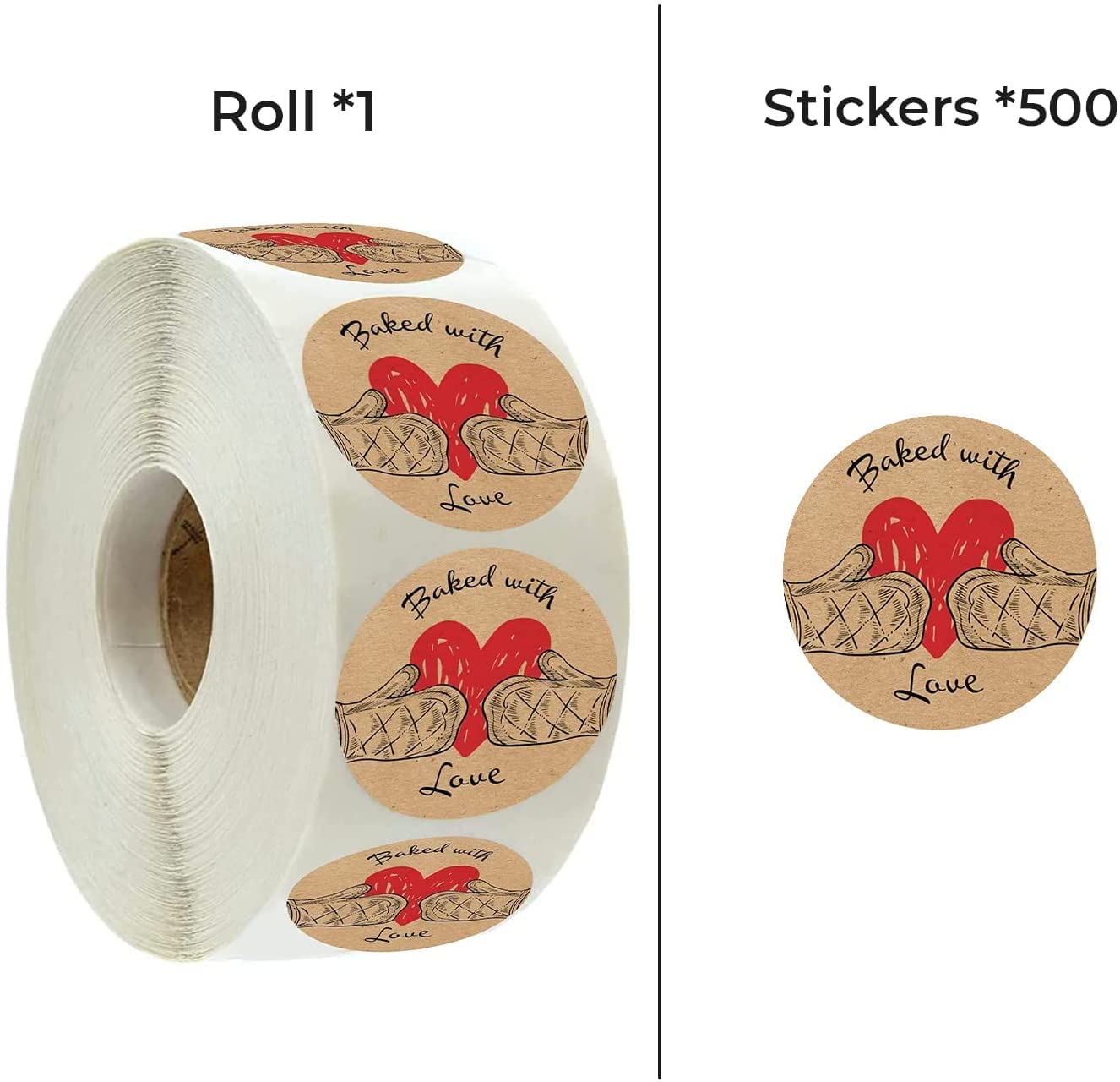 Baked with Love Labels | 500 Count | 1.5 Inch | Adhesive Baking Stickers | Bakery Bags | Candle & Soap Packaging 1 Roll