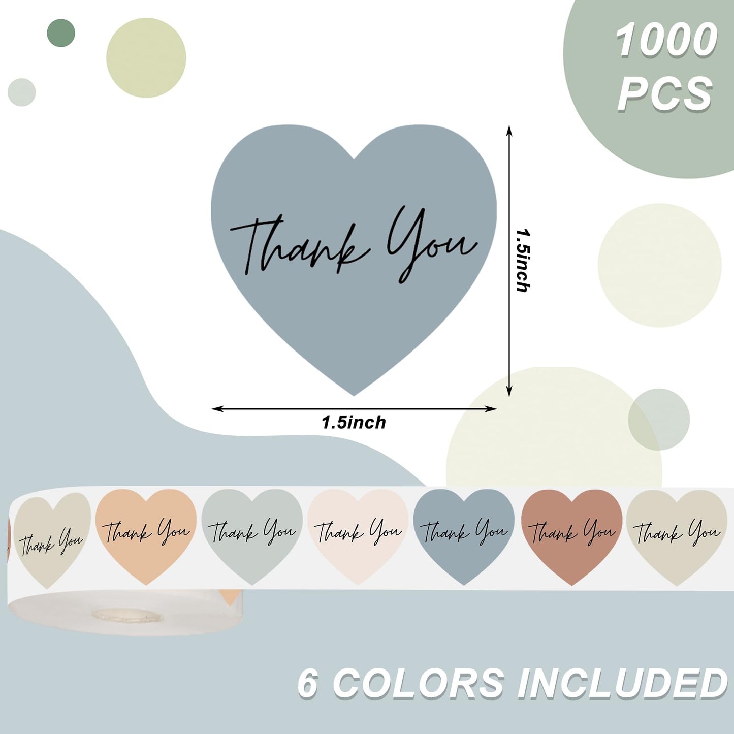 Whaline Boho Heart Thank You Stickers Roll - 1000Pcs, Multicolor, Paper, Heart Shape, 1.5 Inch, Single Use, Indoor, Bohemian, Contemporary, Stickers, Thank You Sticker
