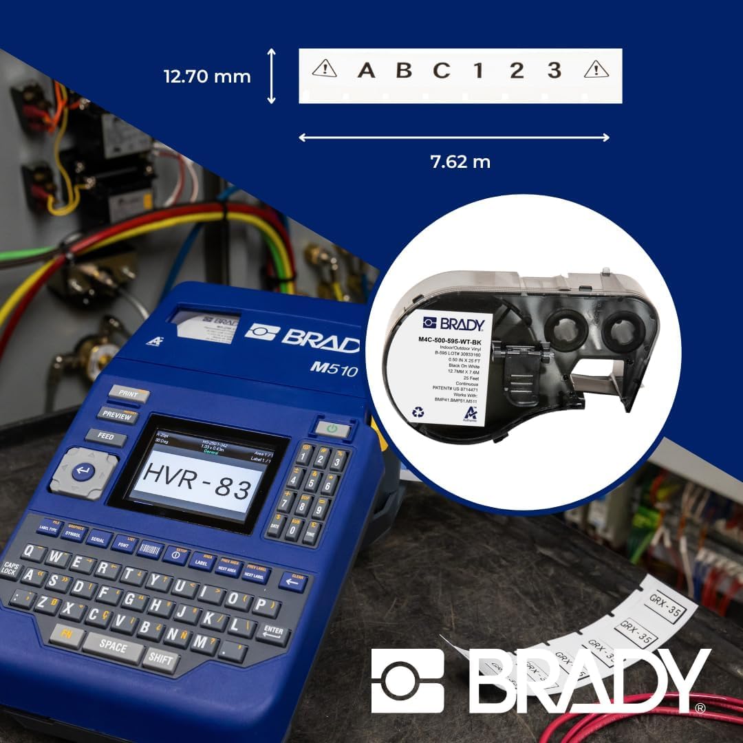 Brady Authentic (M4C-500-595-WT-BK) All-Weather Vinyl Labels 0.5 in W x 25ft Black on White. for use with BMP41, BMP51, M410, M510, and M511 Label Printers.