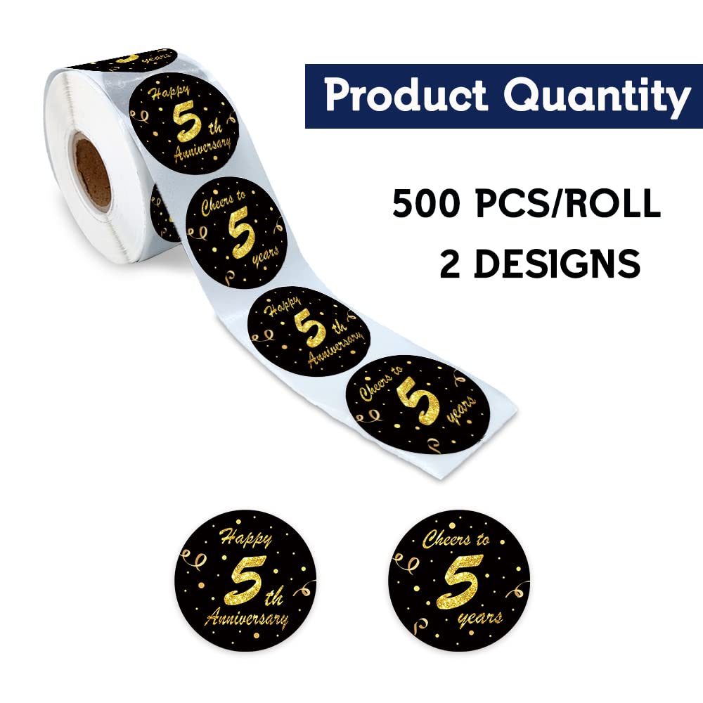 REWIDPARTY Black Gold 5th Anniversary Party Stickers Rolls Cheers to 5 Years Stickers Anniversary Party Decorations Happy 5th Birthday Adhesive Stickers Wedding Party Supplies(500 Per Roll) B