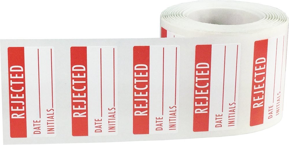 White and Red Rejected Labels, 3/4 x 1 1/2 Inch in Size, 500 Adhesive Stickers on a Roll