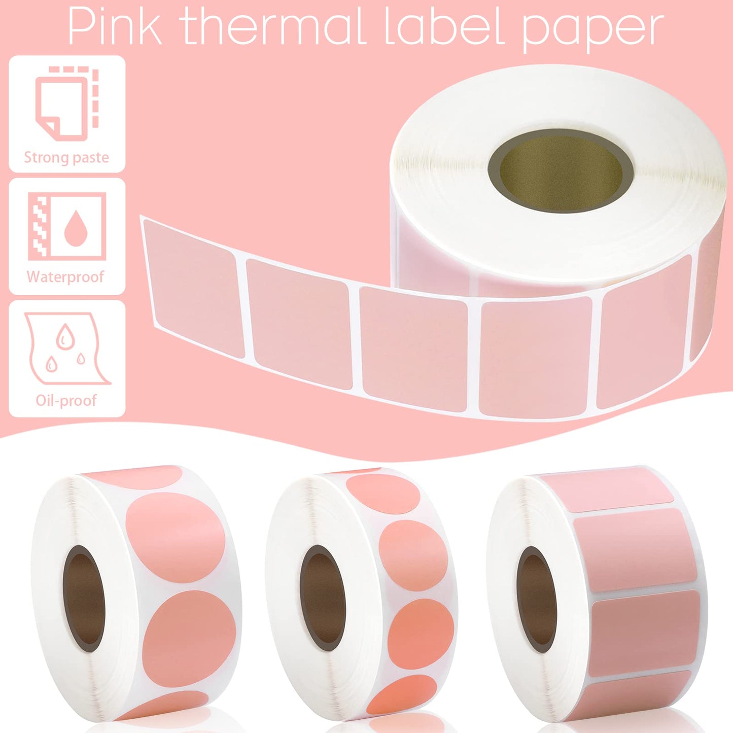 3 Rolls Mini Thermal Labels Thermal Printer Sticker 0.8 inch-1.2inch Small Size Self Adhesive Thermal Stickers Address Shipping Barcodes Sticker Labels for Printer, Square and Circle (Pink)
