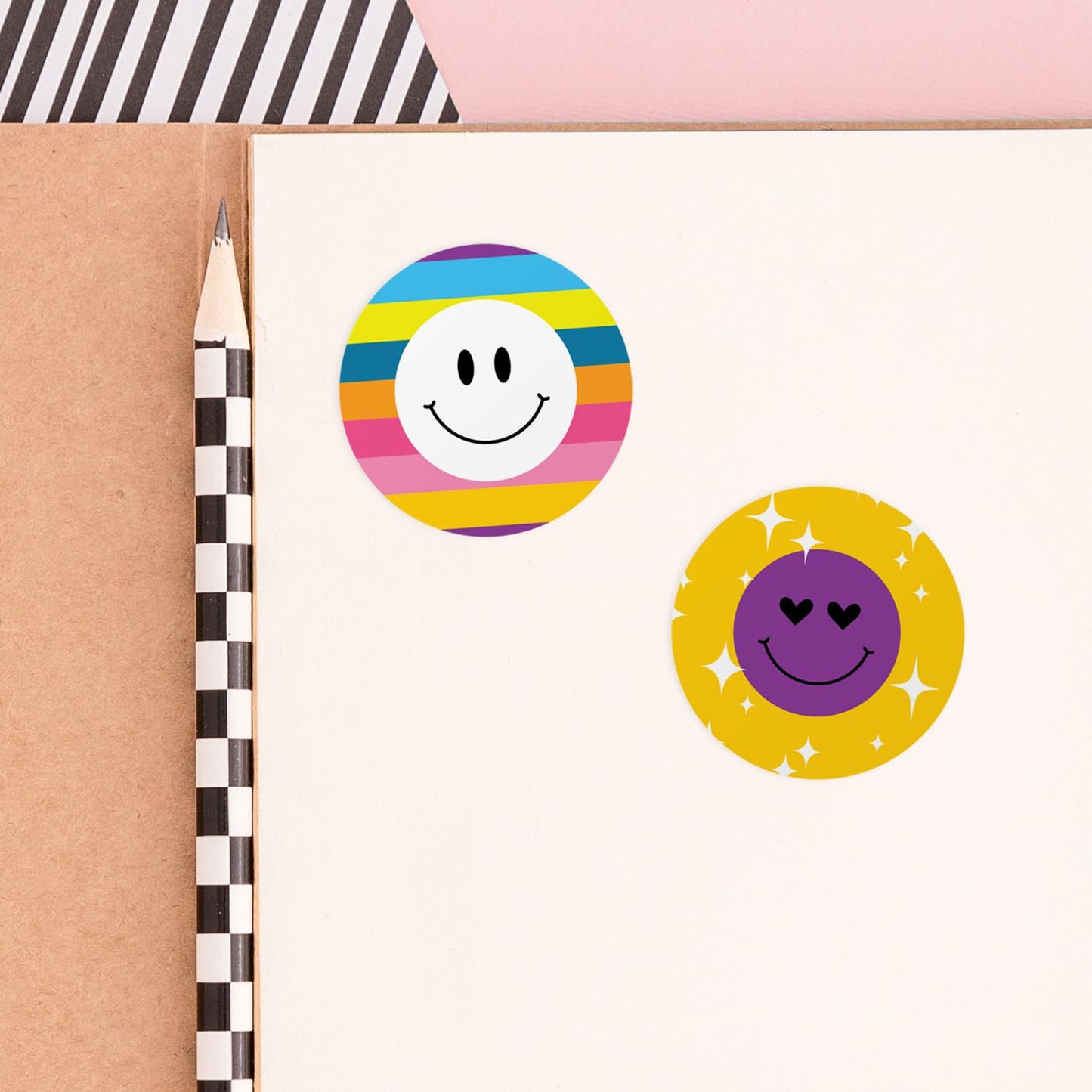 Retro Smiley Face Stickers / 500 Colorful Round Labels Roll / 1.5" Circle Happy Face Sticker / 8 Nostalgic Y2K Bright Designs/Made in The USA Retro Smiley Face