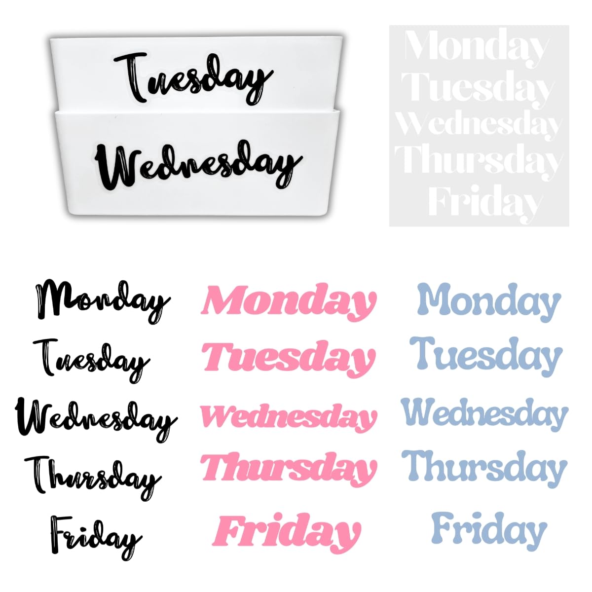 20PCS Days of The Week Stickers for Drawers,Large Day Labels for Clothes Organizer No Magnet, Big Monday Through Friday Weekday Plastic Bin Planner Whiteboard Decals Teacher Classroom