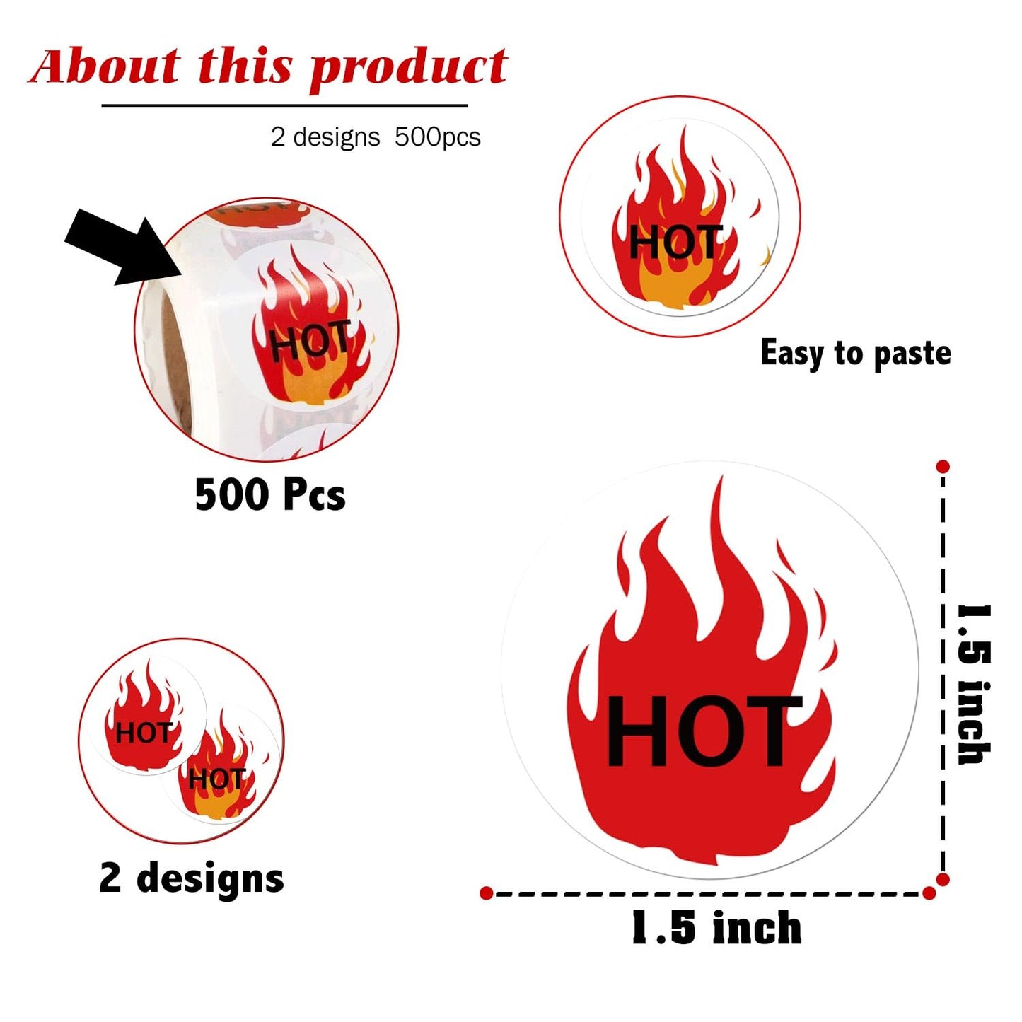 1.5 Inch Round Hot Stickers Fluorescent Red Flame Stickers Hot Labels - HOT Imprint Flame Labels 500/Roll 1.5 Inch