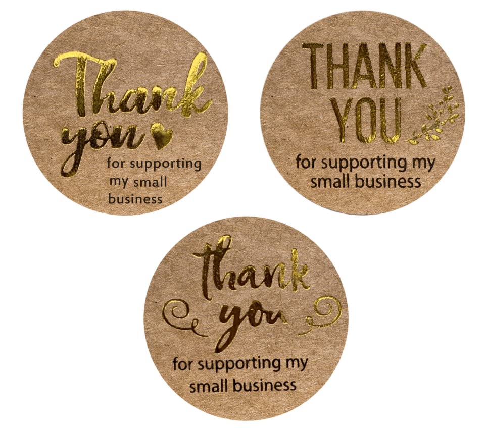 N’icePackaging – 500 Qty – 1 inch Thank You for Supporting My Small Business (Gold/Black Text) on Kraft Stickers (3 Styles) – Self-Adhesive – for Decoration/Sales/Branding/Envelopes Kraft / Gold-black