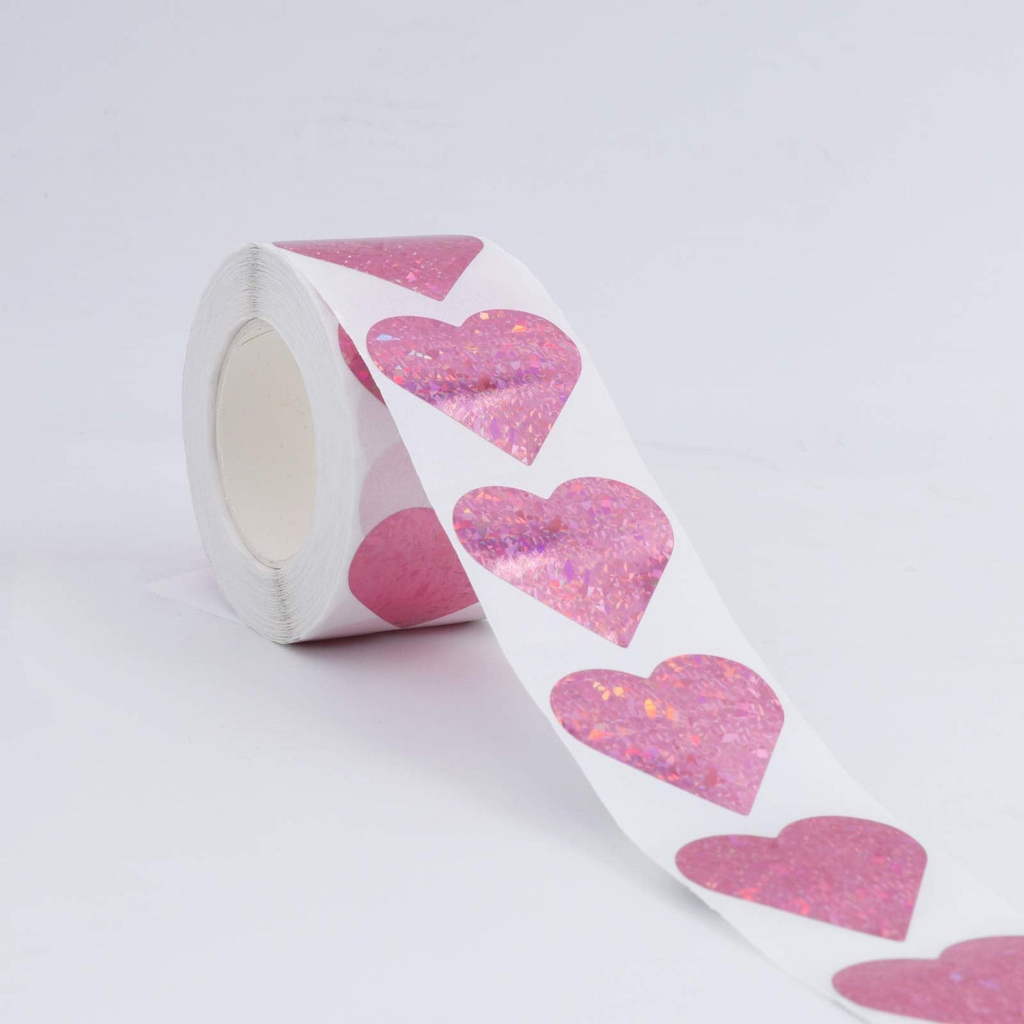 1.5" Pink Heart Stickers with Glitter Holographic Gravel Pattern, 500 pcs Sparkling Adhesive Heart Sticker Labels per Roll, Love Stickers for Personal and Business Use 1.5 inch