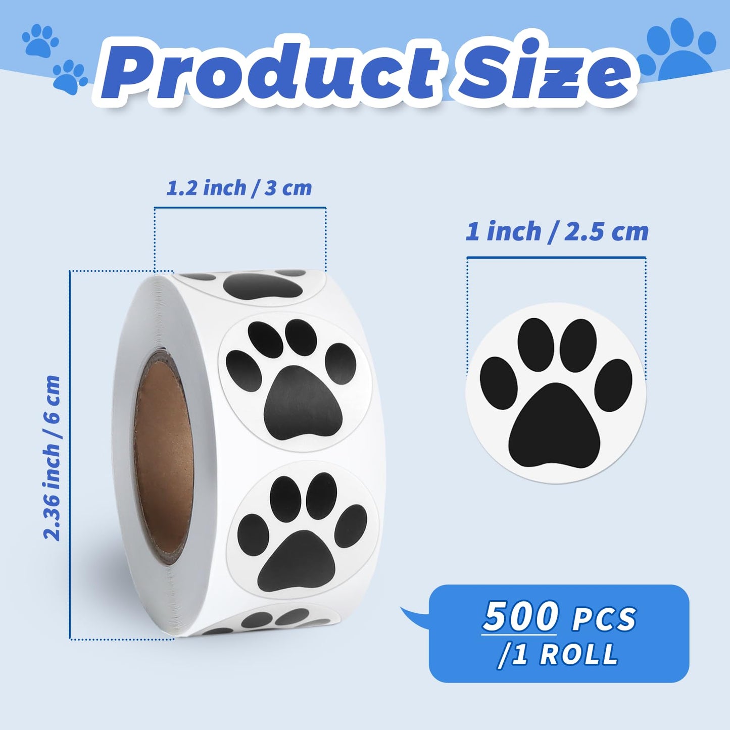 500 Pcs Paw Print Sticker, 1" Dog Cat Paw Sticker Small Puppy Patrol Print Label Roll Cute Self-Adhesive (Black) Black