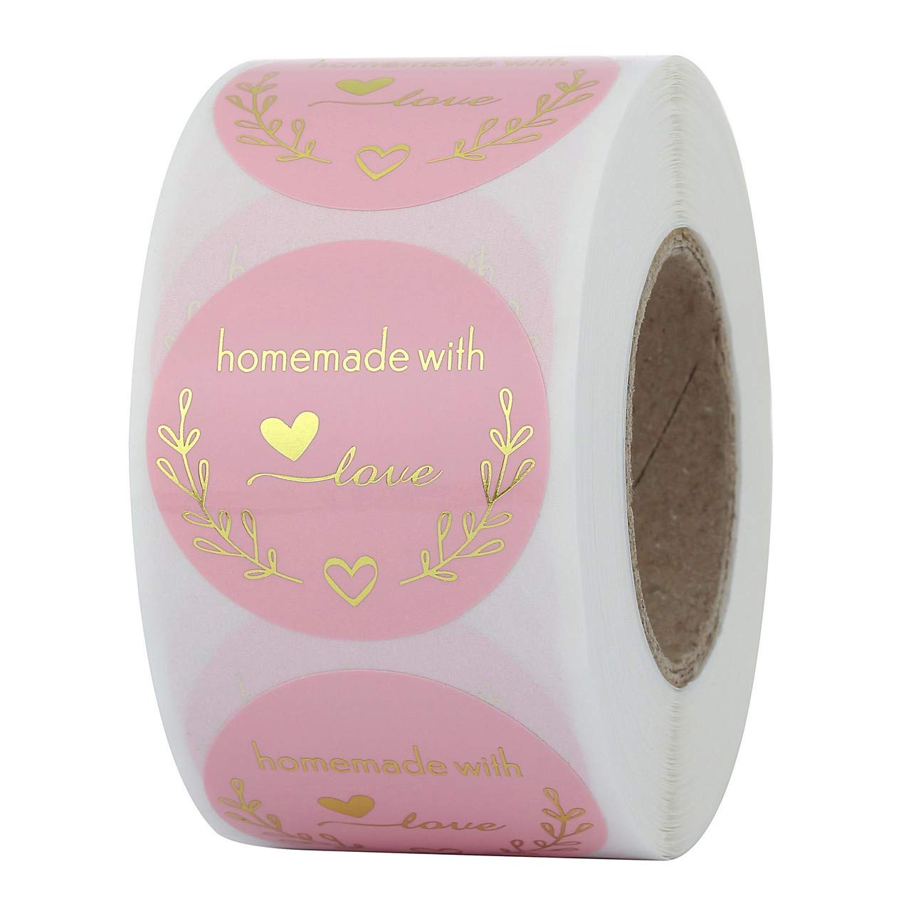 Yoption 1.5 Inch Round Homemade with Love Stickers Pink for Packaging, Cookie Bags, Small Shop Local Handmade, 500 Labels per Roll