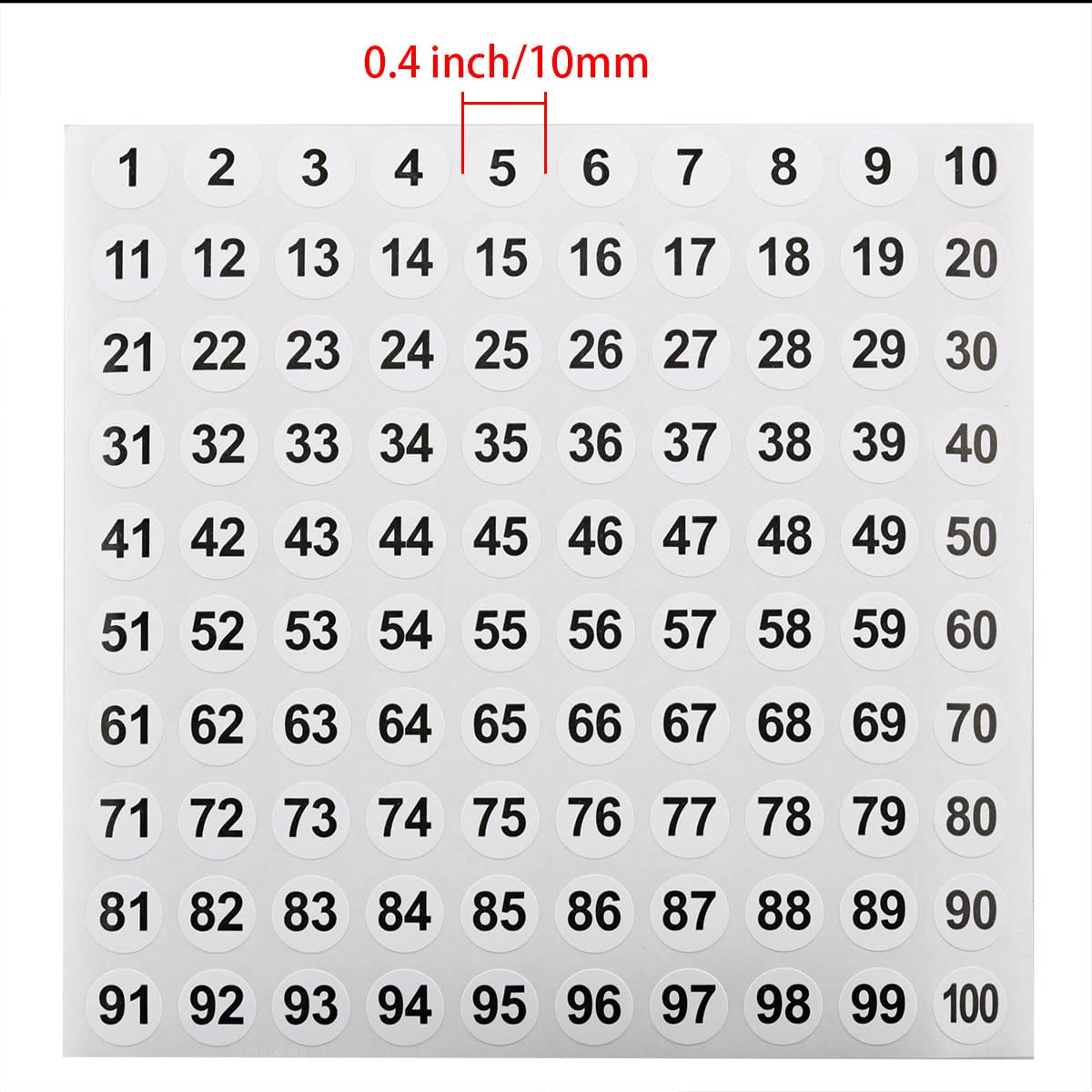 Vinyl Number Sticker 1-200, White on Black, 20 Sheets, 0.4 Inch Round, Self-Adhesive, Waterproof, Indoor Use, 2000 Pieces in Total